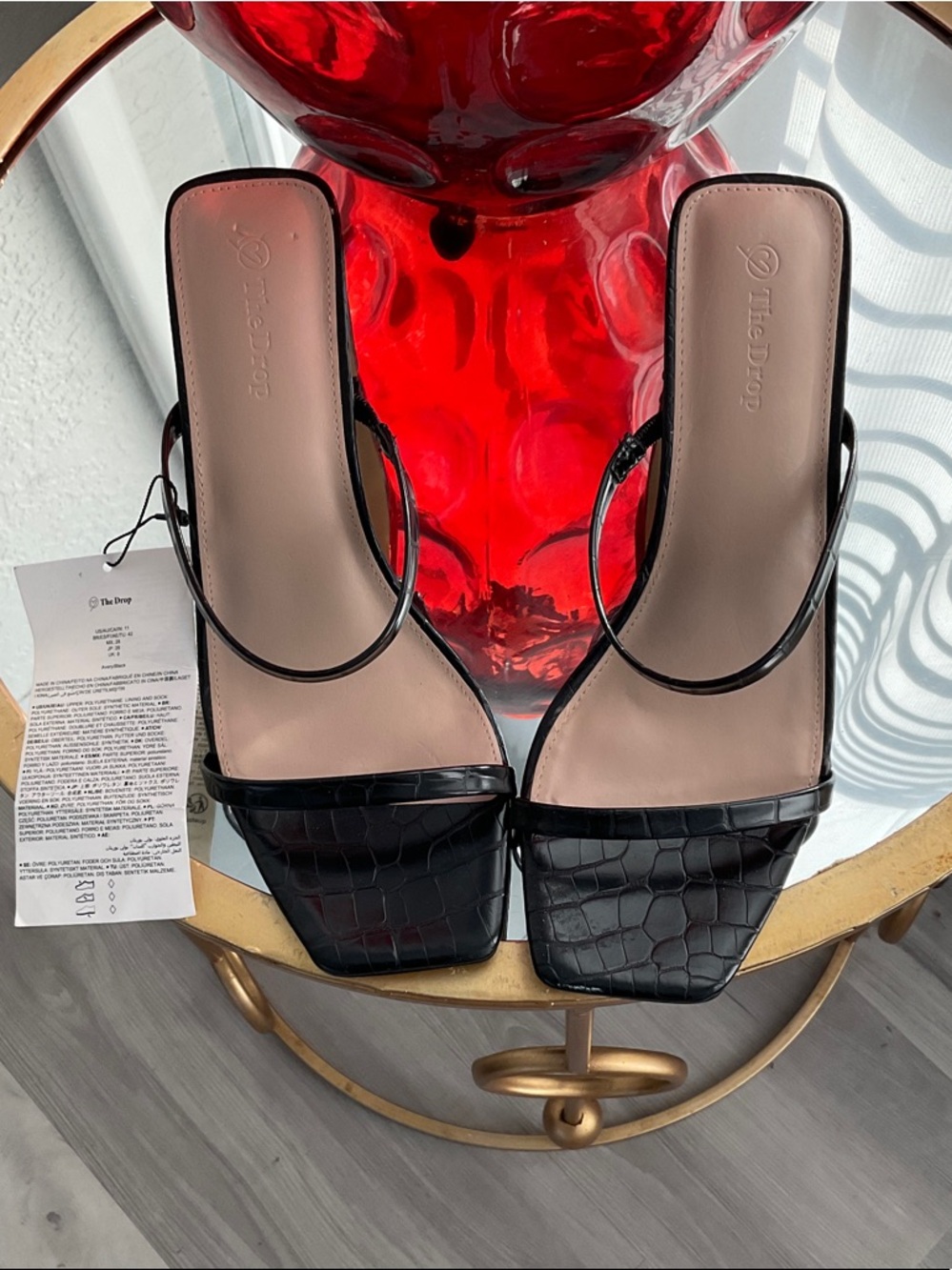 The Drop Women's Black Croc-Embossed Square Toe Slide Heels